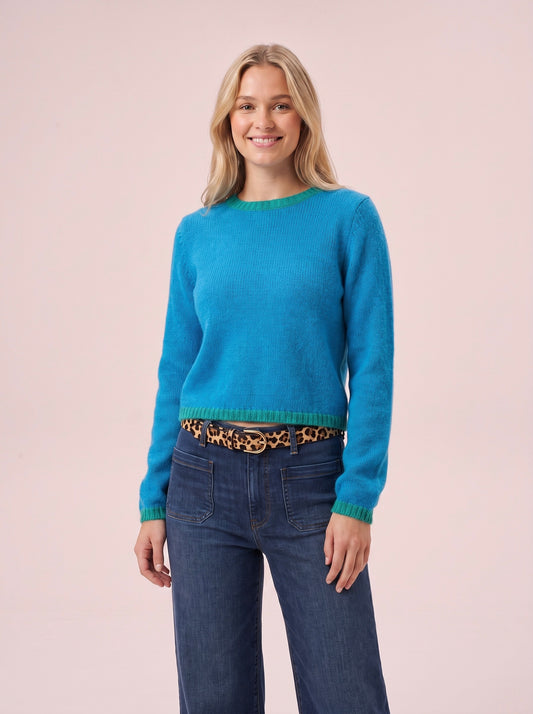 Molly cropped Knit Jumper in Azure Blue and Teal Blue with crew neck long sleeves relaxed fit and contrast ribbed trims