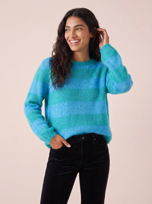 Sasha Chunky Mohair & Merino Striped Knit women's Jumper in Azure Blue and Teal Blue with bold horizontal stripes and a relaxed crew neck fit