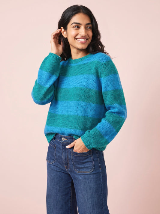 
Sasha Chunky Mohair & Merino Striped Knit women's Jumper in Azure Blue and Teal Blue with bold horizontal stripes and a relaxed crew neck fit