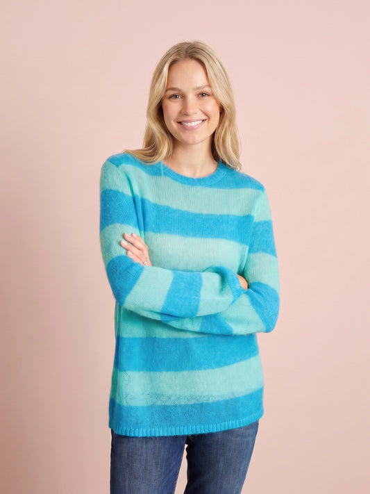 Sasha Colourful Striped Mohair & Merino Knit Boyfriend Jumper with Azure Blue and Turquoise Blue deep stripes crew neck long sleeves and a relaxed fit