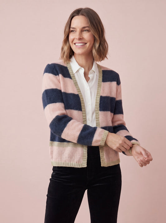 Navy and blush pink striped mohair and merino blend cardigan with a V-neck open front and gold lurex trim along the cuffs and hem
