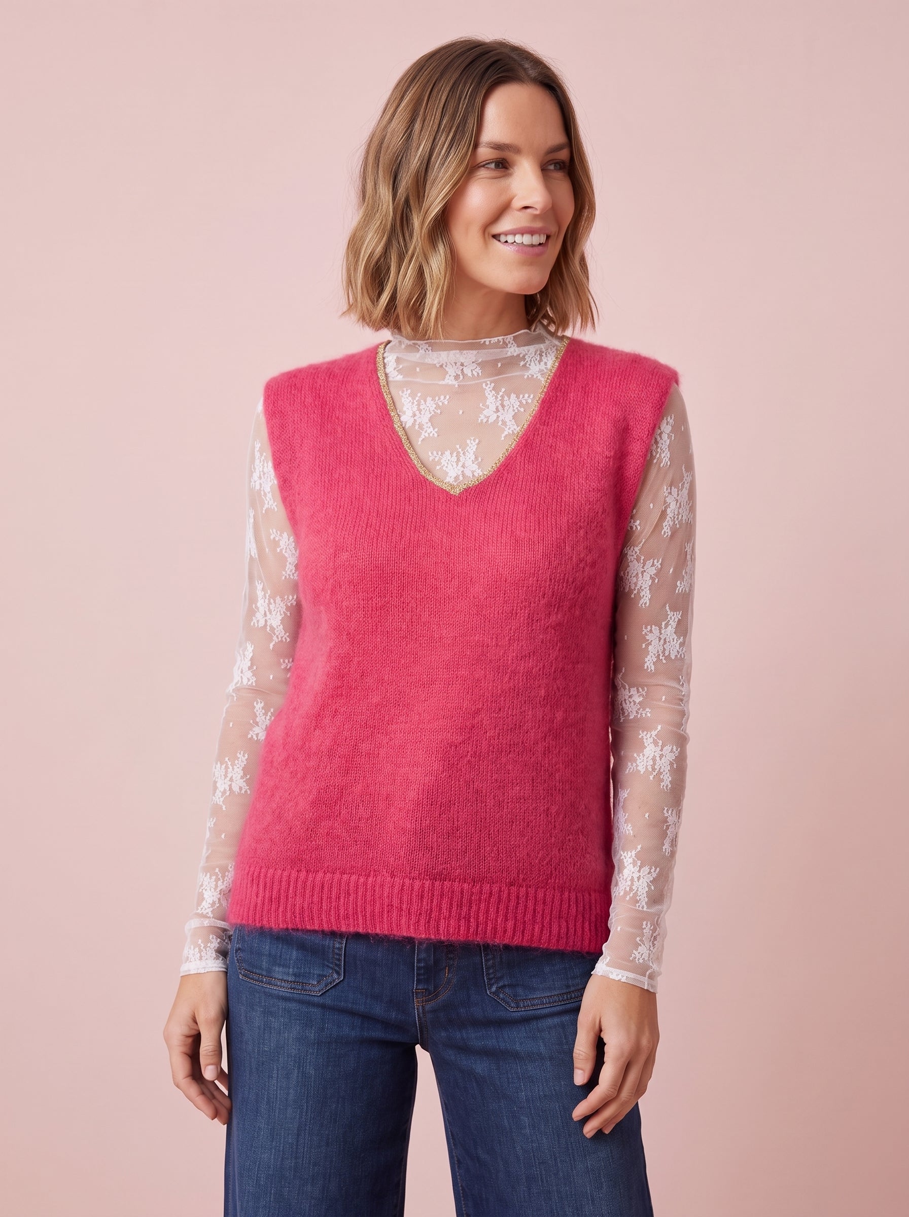 Women's straight fit cerise pink knitted tank top with gold lurex V-neck trim
