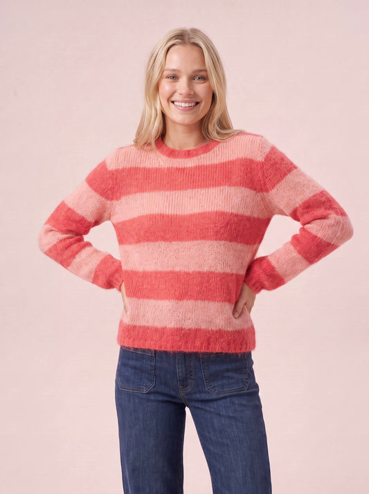 Sasha Chunky Mohair & Merino Striped Knit women's Jumper in Cerise Pink and Pale Rose Pink with horizontal stripes crew neck long sleeves and a relaxed fit
