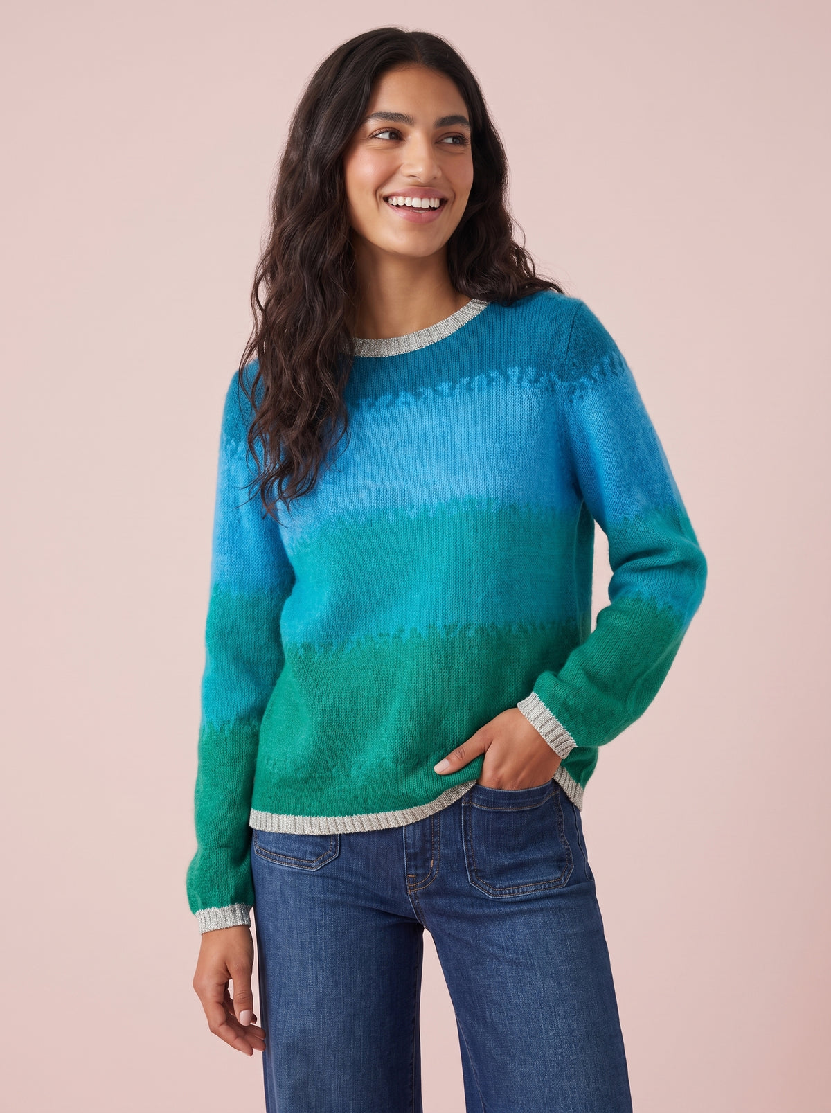 Amelia ombré mohair and merino jumper in turquoise, teal and green with silver gold lurex trim by cosy em