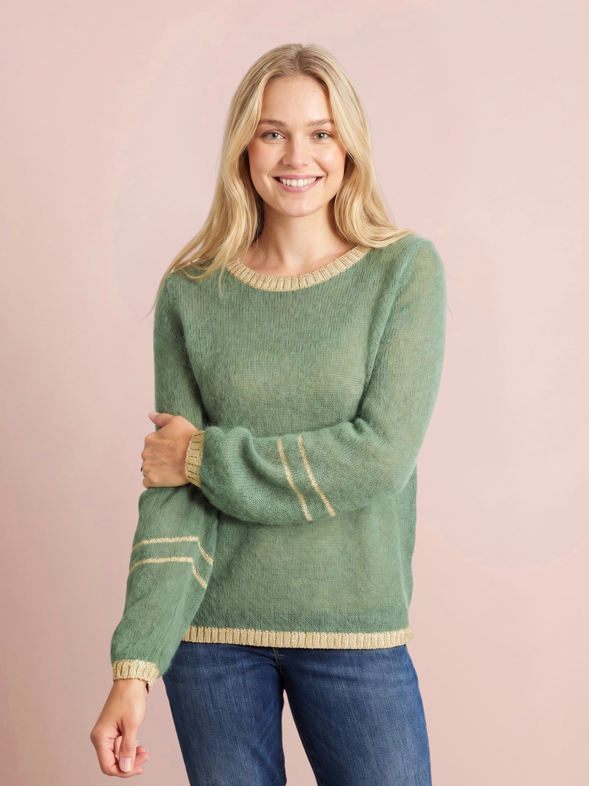 Lottie mohair and merino jumper in olive green with lurex trim by cosy em