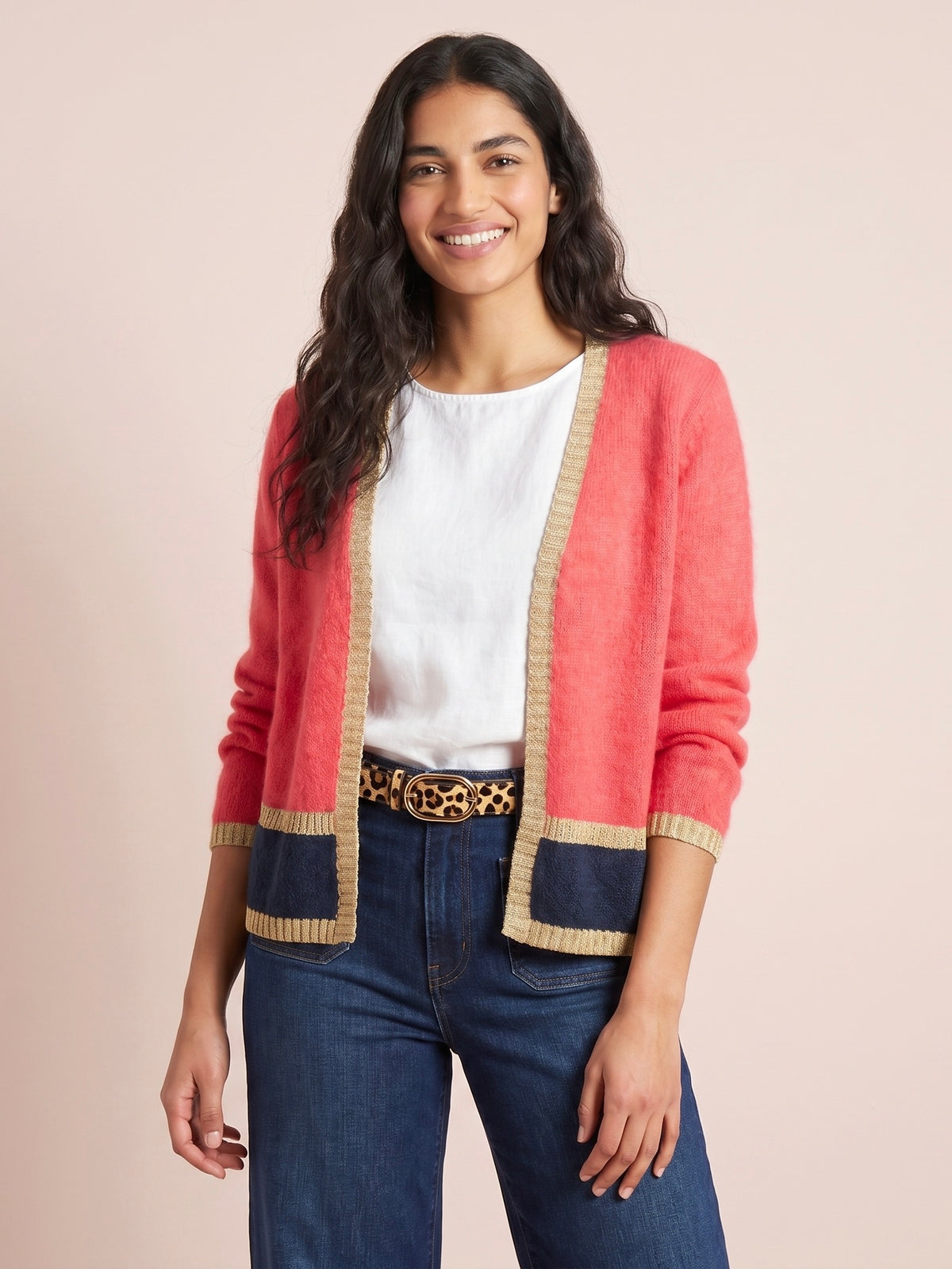 Sophie Cerise pink mohair and merino soft blend knit cardigan with contrasting navy stripe and gold lurex trim on the open front cuffs and hem by Cosy Em
