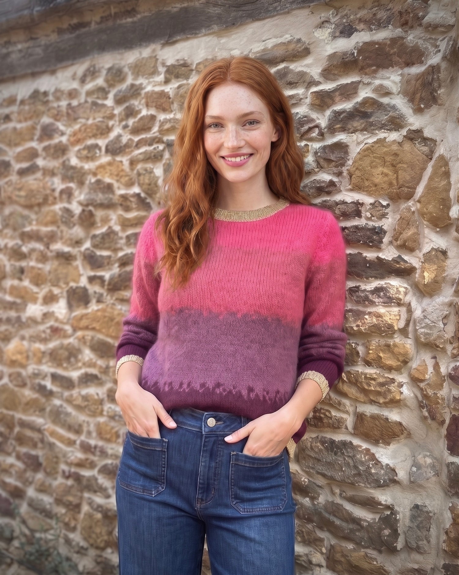 Cosy Em mohair blend women's jumper with a pink to purple gradient design and gold lurex trim at the crew neckline and cuffs