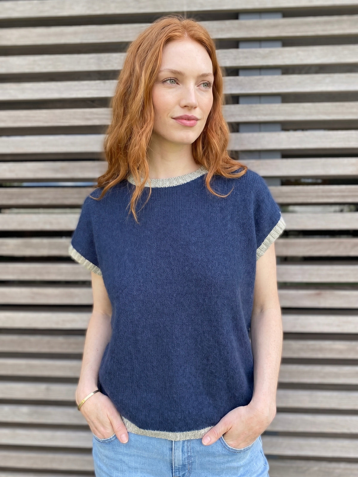 Original Rosie knitted tank top in navy blue with lurex trim 
