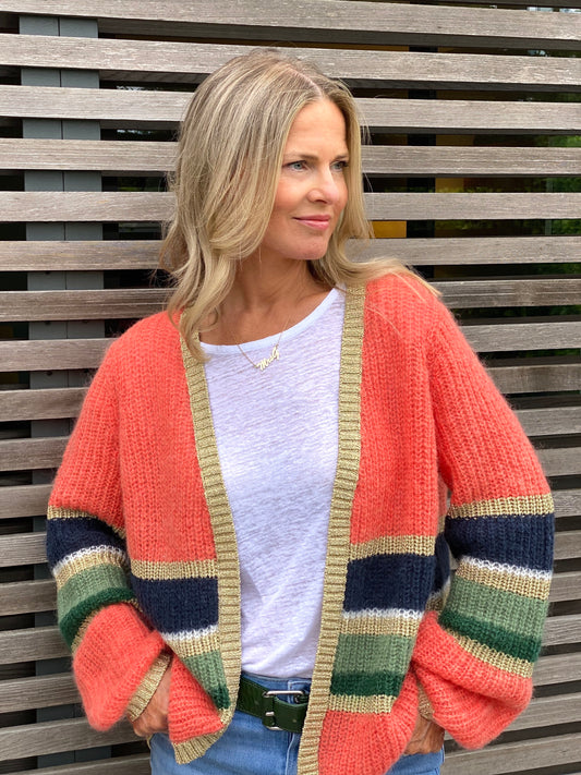 Colourful Stripe Cardigan with Gold Lurex Trim in Orange