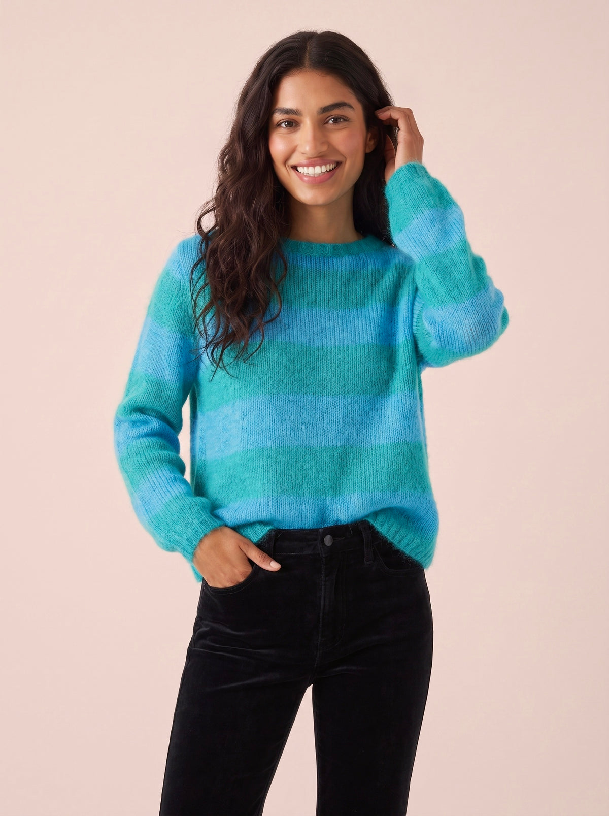 Sasha colourful striped chunky mohair and merino jumper in Azure Blue and Teal Blue by cosy em