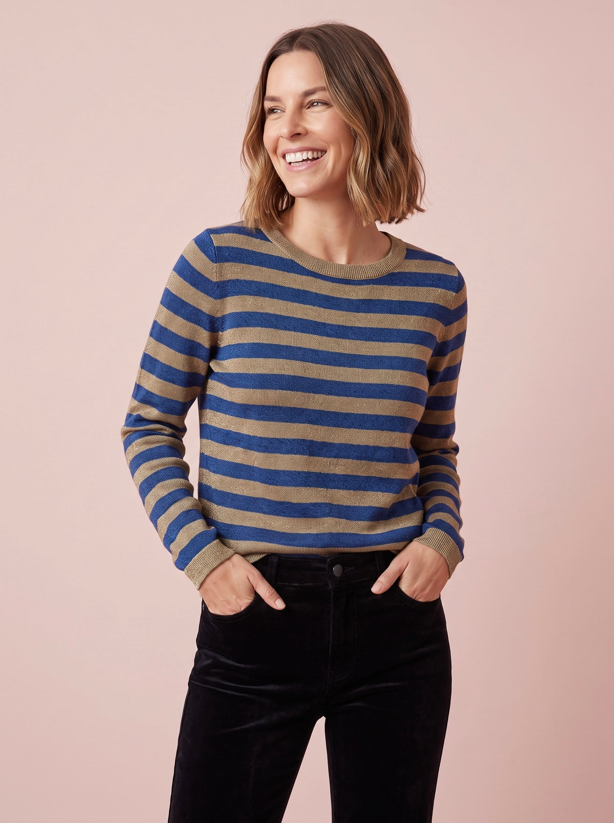 Stella blue and caramel gold striped long sleeved party top in sparkly lurex metallic knit by Cosy Em
