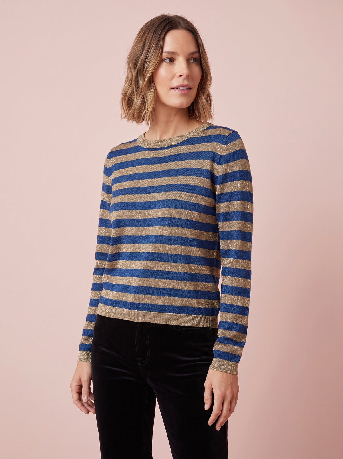 Stella blue and caramel gold striped long sleeved party top in sparkly lurex metallic knit by Cosy Em