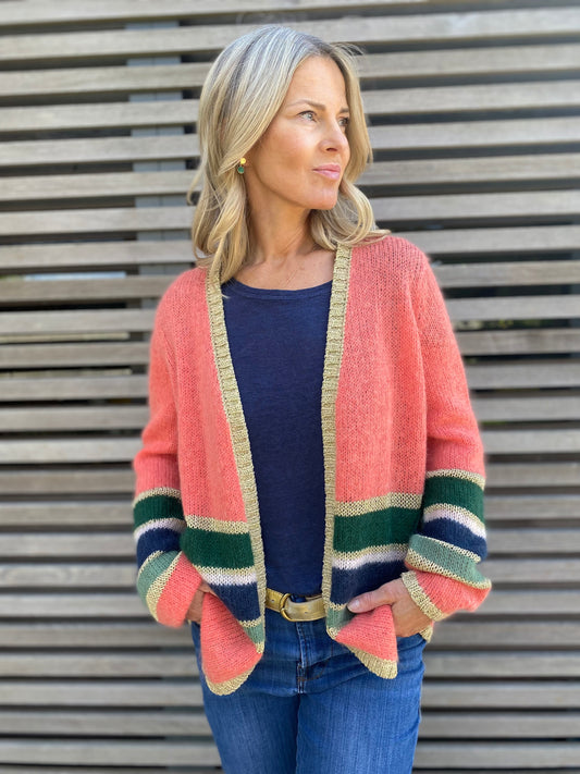 Emma Colourful Striped Cardigan with Gold Lurex Trim in Orange