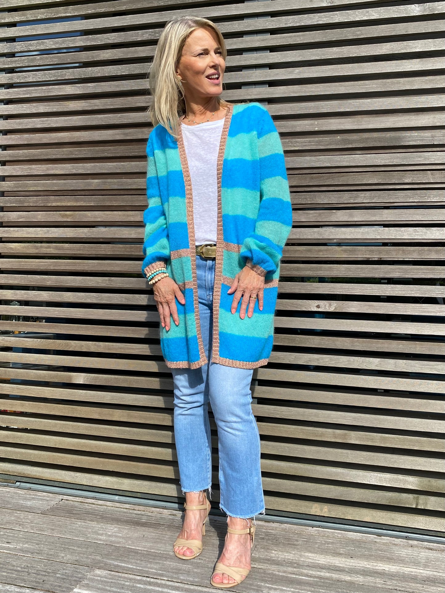 Elizabeth Long Striped Cardigan in Aqua Blue with Rose Gold Lurex Trim