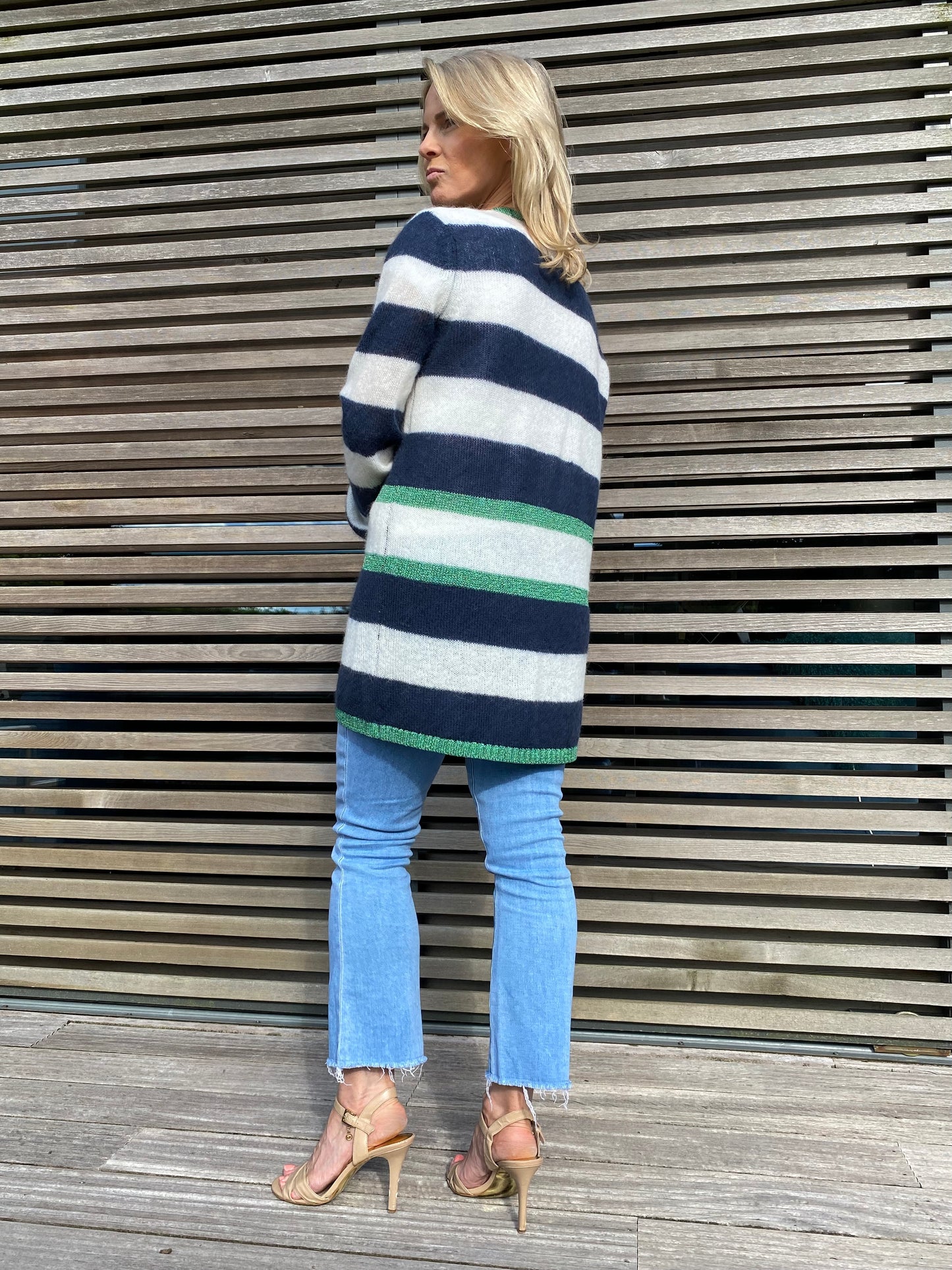 Elizabeth Long Striped Cardigan in Navy and Ivory with Emerald Lurex Trim