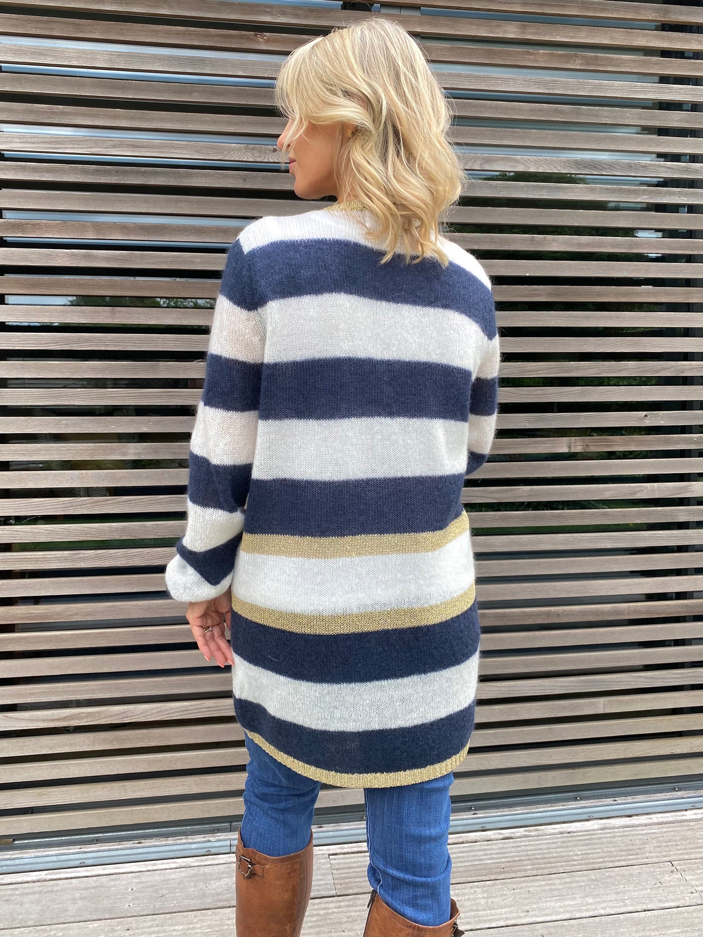 Elizabeth Long Striped Cardigan in Navy and Ivory with Gold Lurex Trim