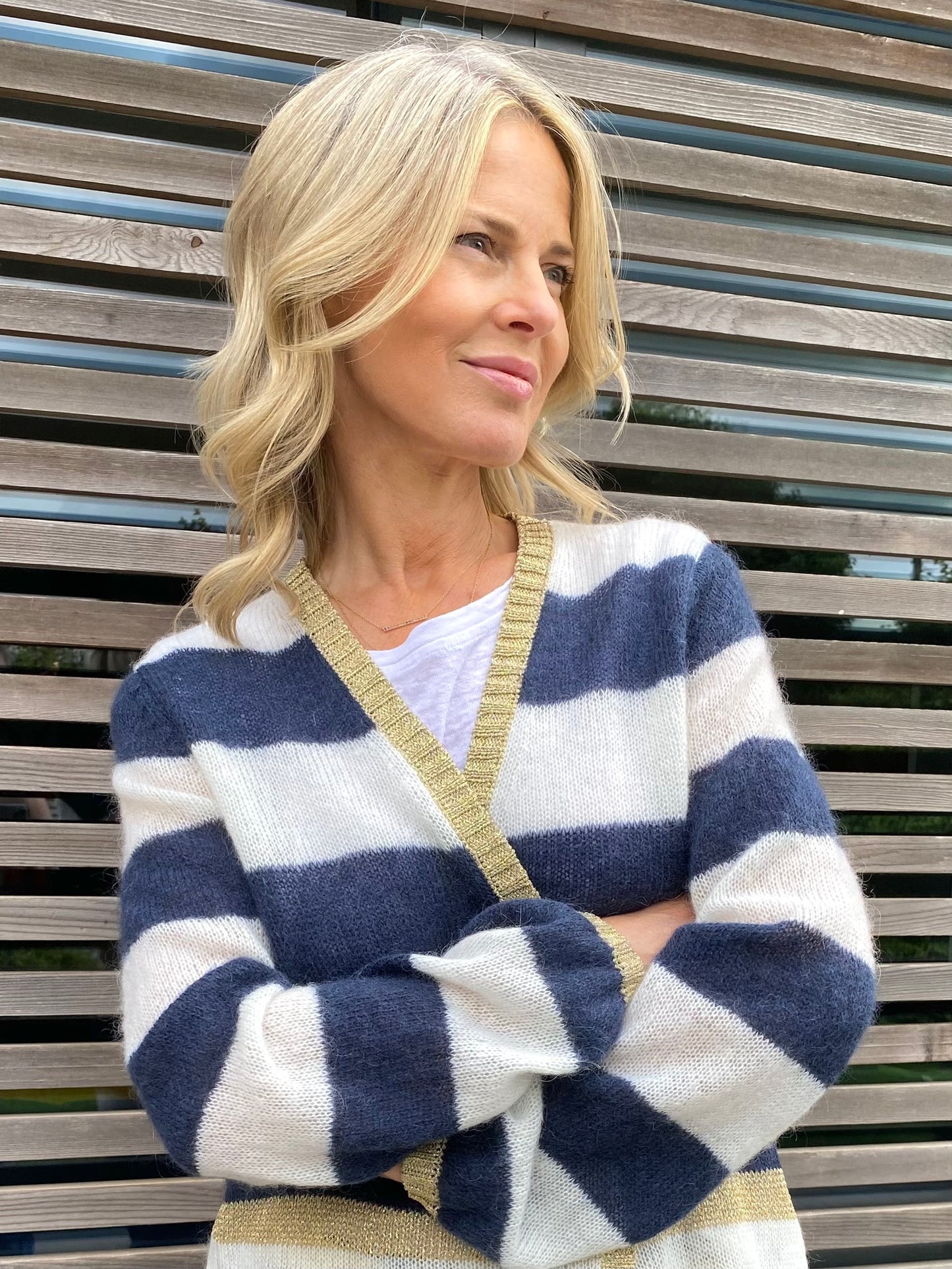 Elizabeth Long Striped Cardigan in Navy and Ivory with Gold Lurex Trim