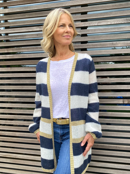 Elizabeth Long Striped Cardigan in Navy and Ivory with Gold Lurex Trim