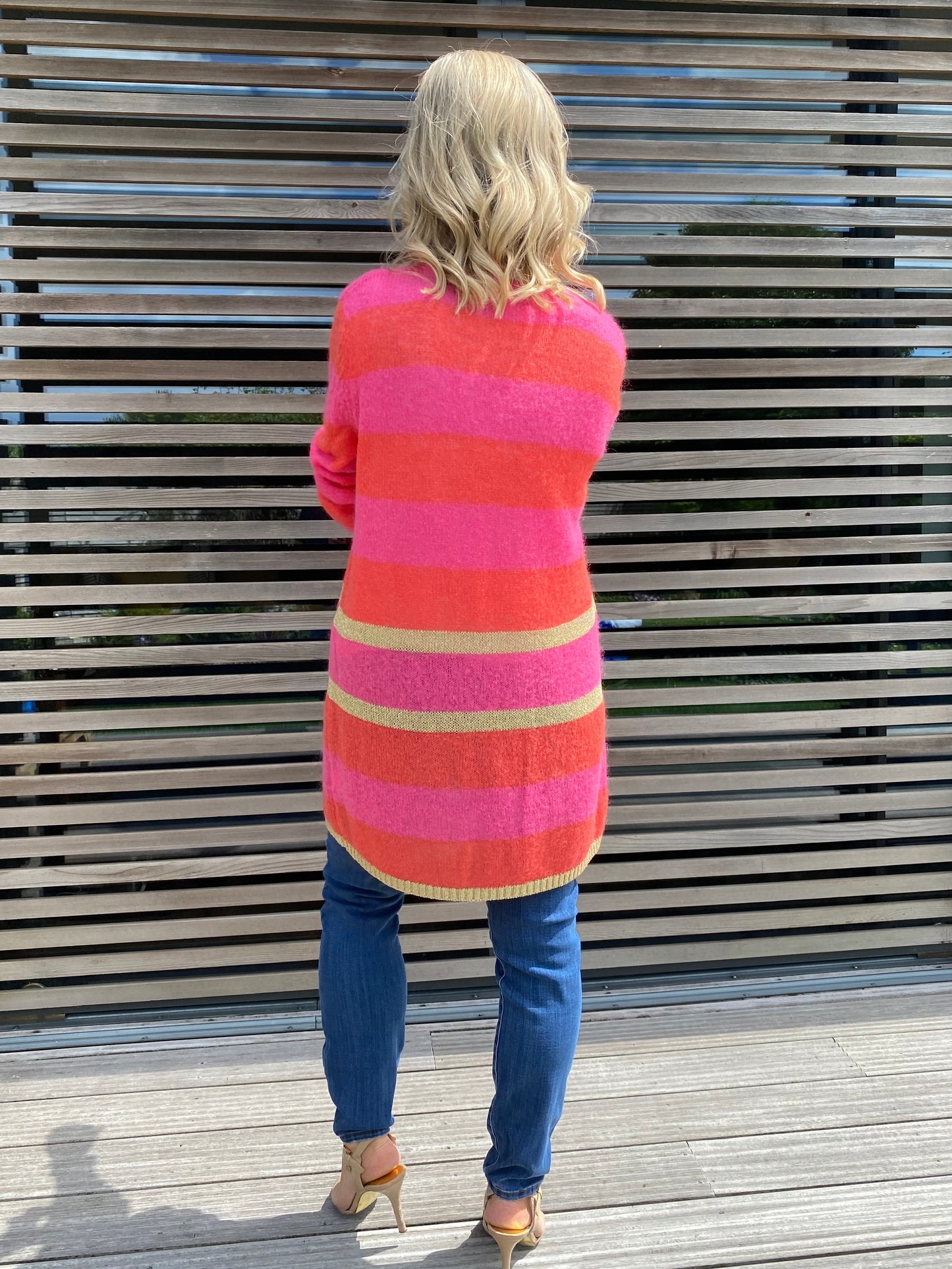 Elizabeth Long Striped Cardigan in Pink and Red with Gold Lurex Trim