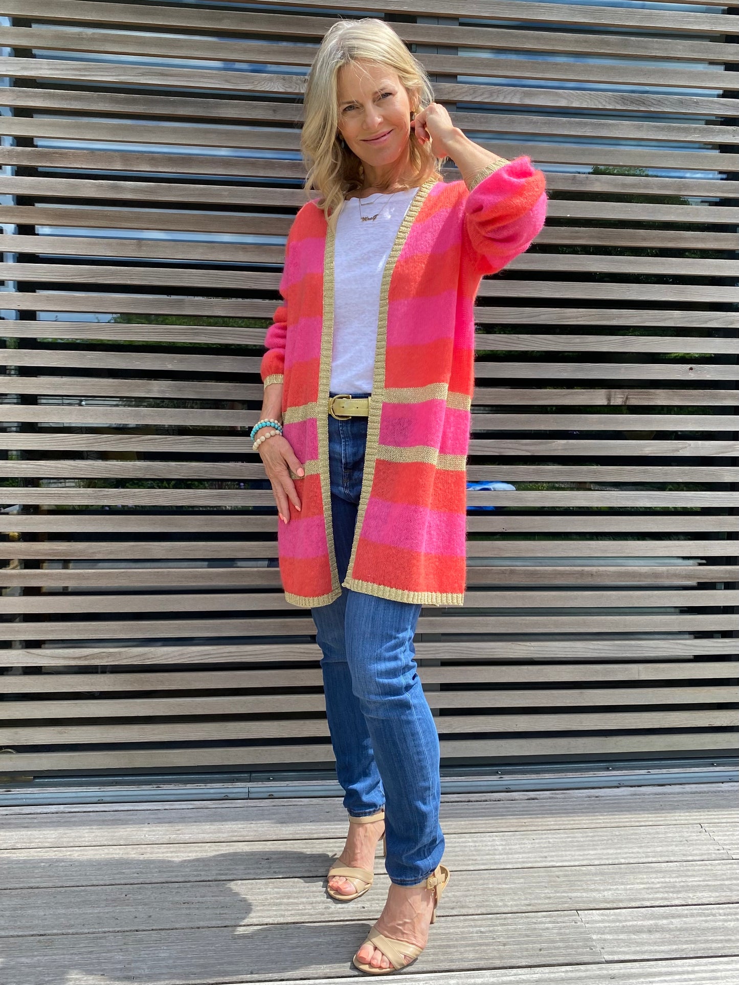 Elizabeth Long Striped Cardigan in Pink and Red with Gold Lurex Trim