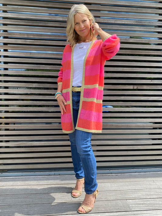 Elizabeth Long Striped Cardigan in Pink and Red with Gold Lurex Trim