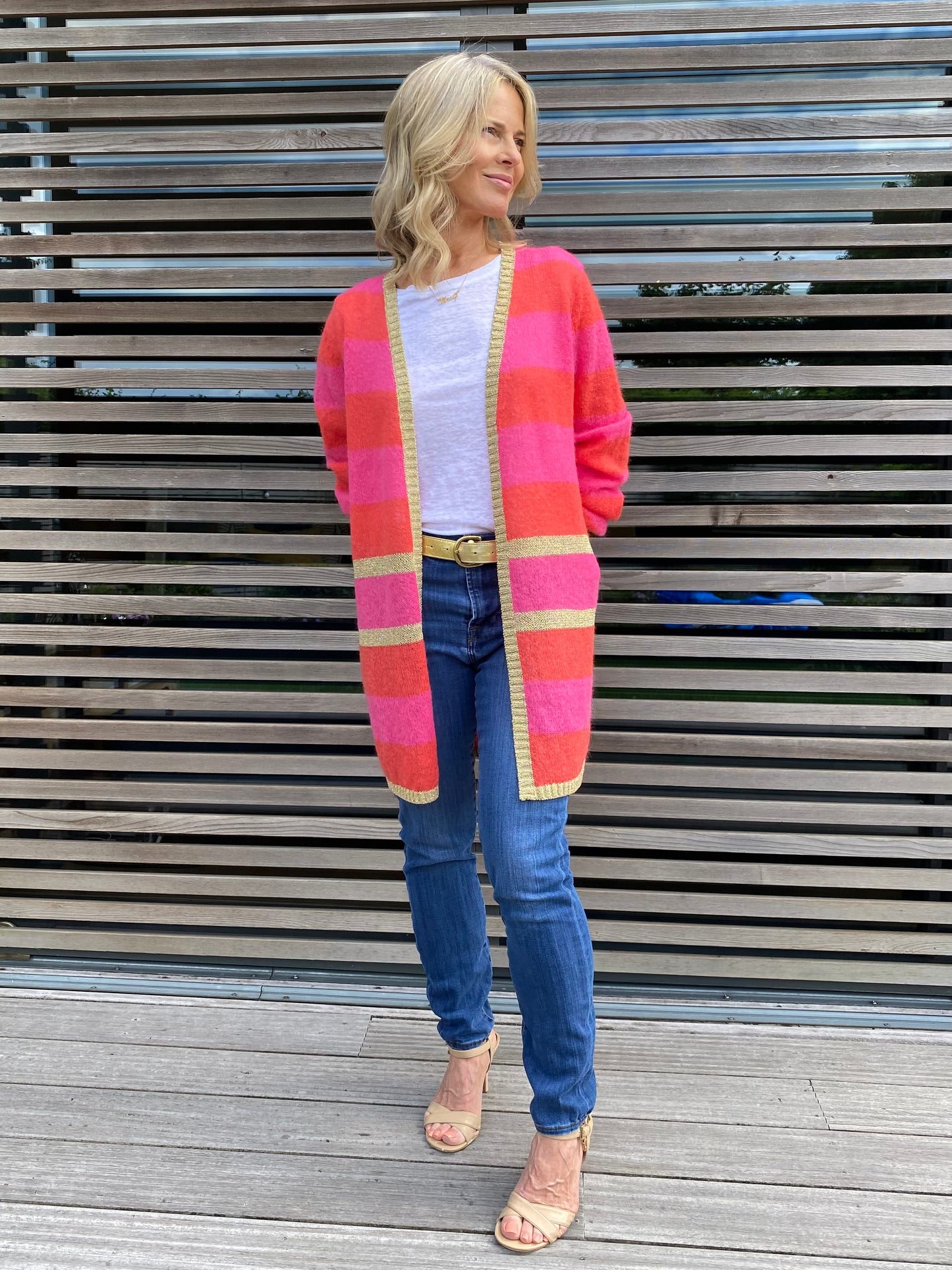 Elizabeth Long Striped Cardigan in Pink and Red with Gold Lurex Trim