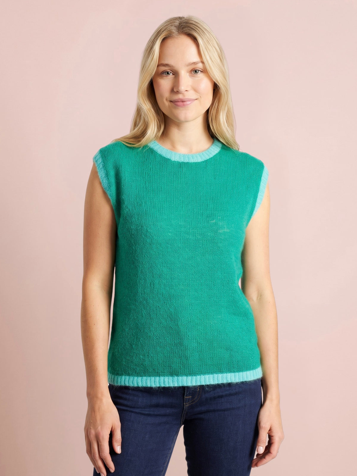 Molly Knitted Tank Top with Tonal Trim in Emerald Green and Turquoise with a crew neck ribbed edging and relaxed sleeveless fit