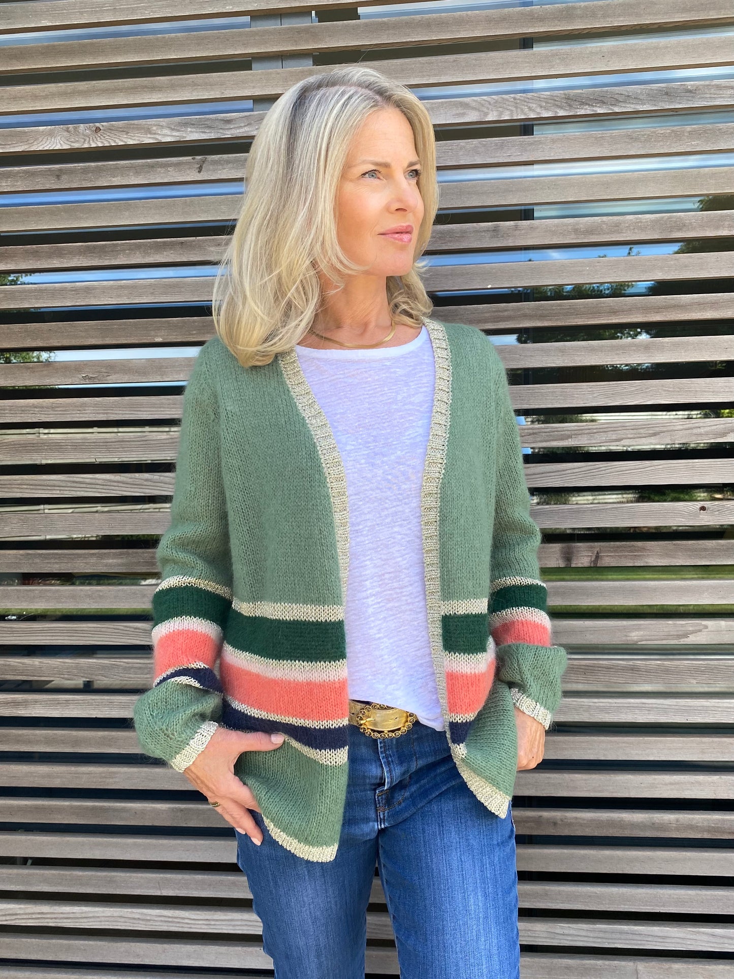 Emma Colourful Stripe Cardigan with Champagne Lurex Trim in Green