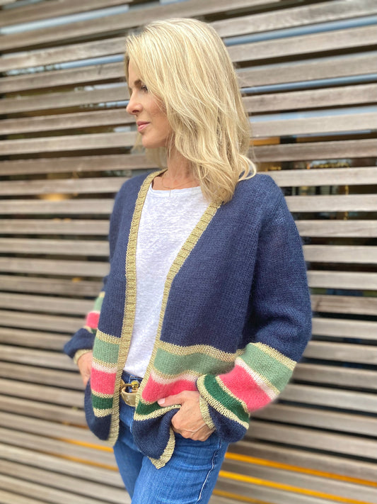 Emma Colourful Stripe Cardigan with Gold Lurex Trim in Navy