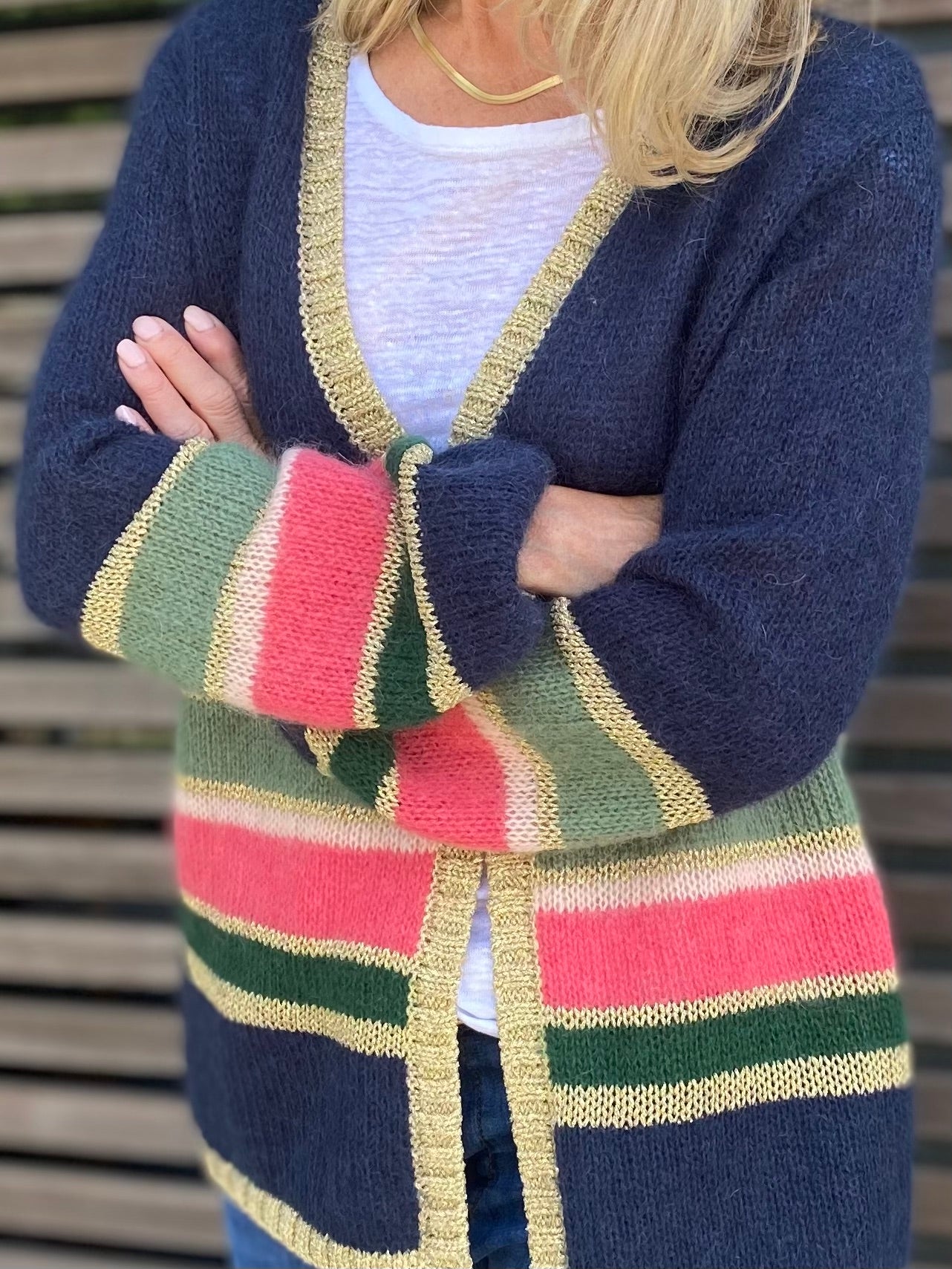 Emma Colourful Stripe Cardigan with Champagne Lurex Trim in Green