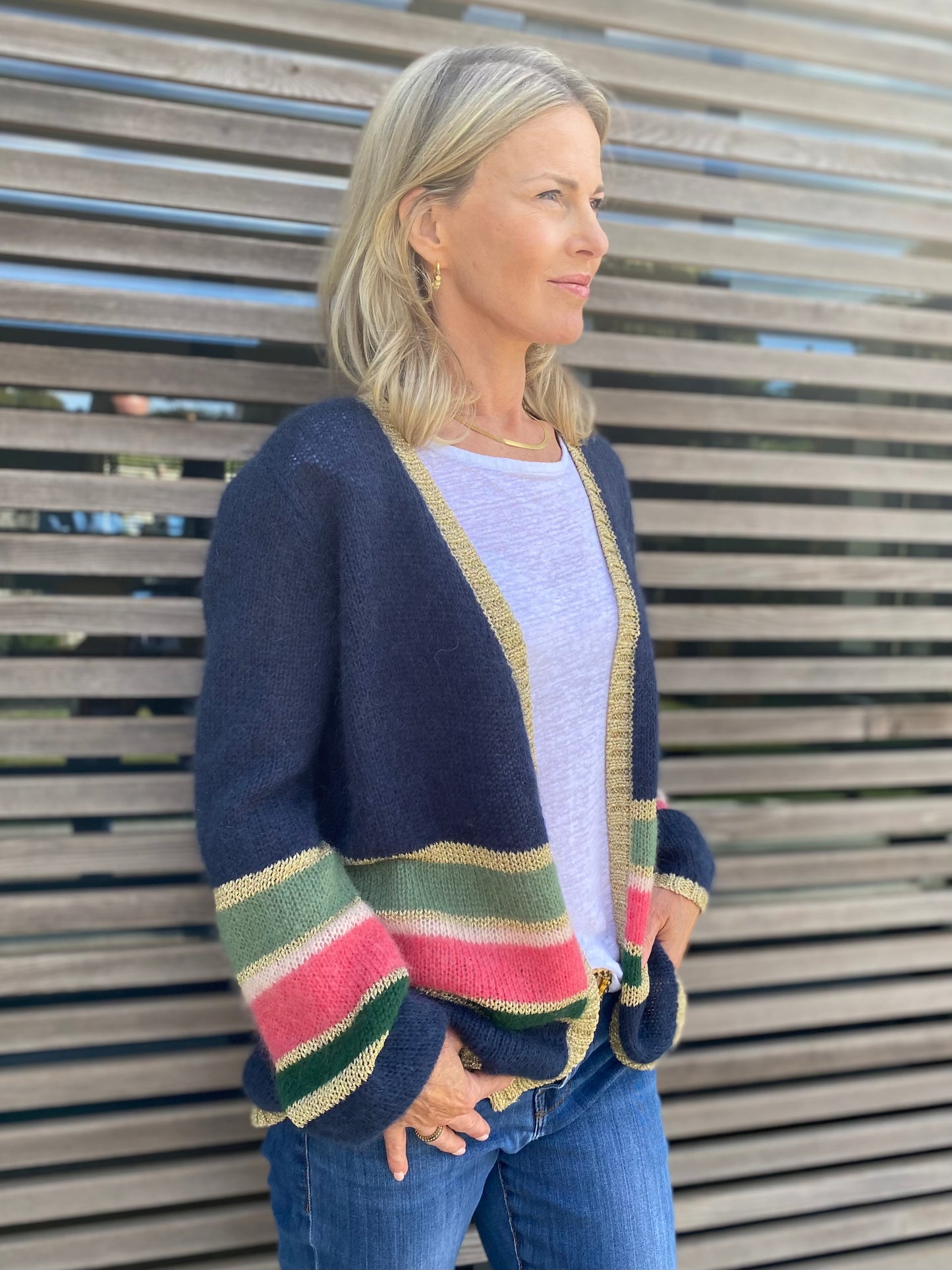 Emma Colourful Stripe Cardigan with Champagne Lurex Trim in Green