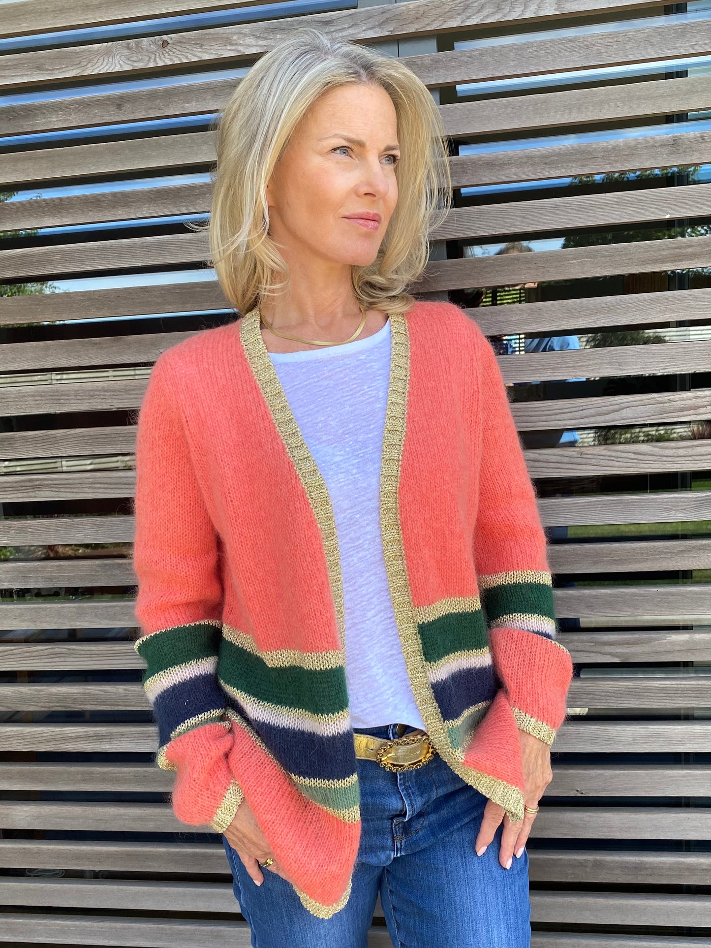 Emma Colourful Stripe Cardigan with Champagne Lurex Trim in Green