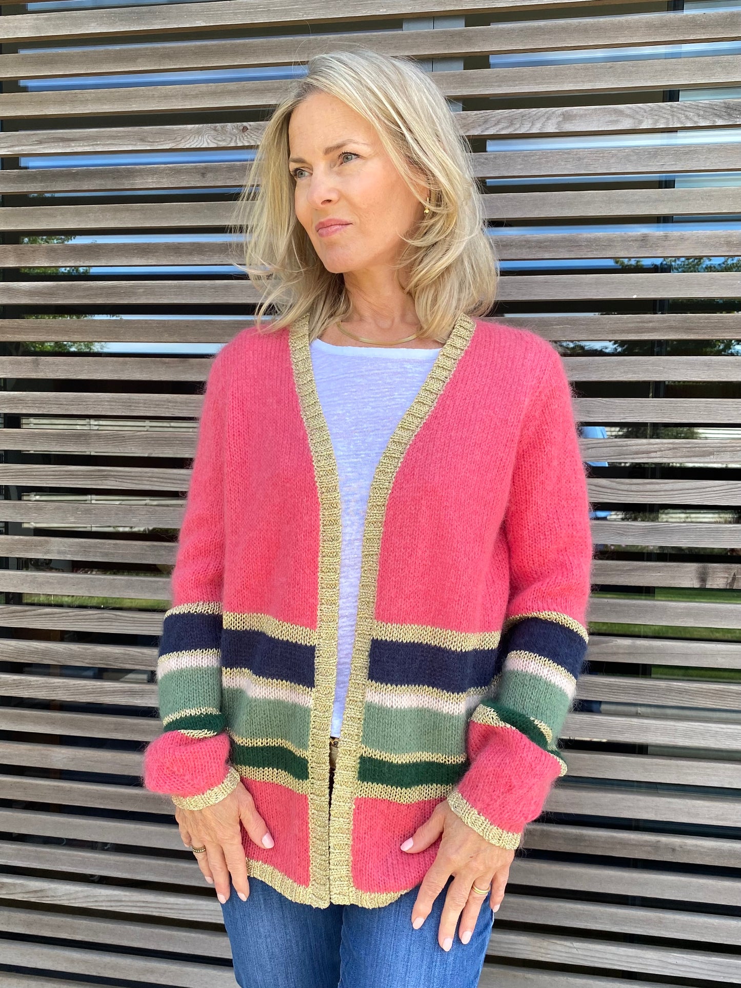 Emma Colourful Stripe Cardigan with Gold Lurex Trim in Orange