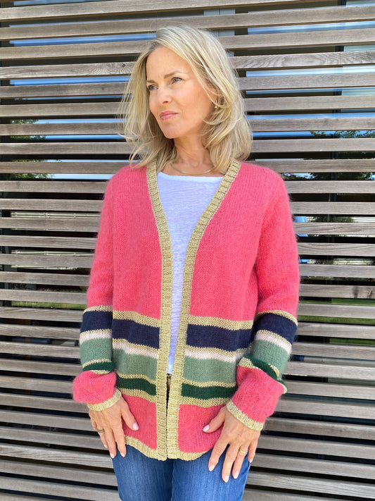 Emma Colourful Striped Cardigan with Gold Lurex Trim in Pink