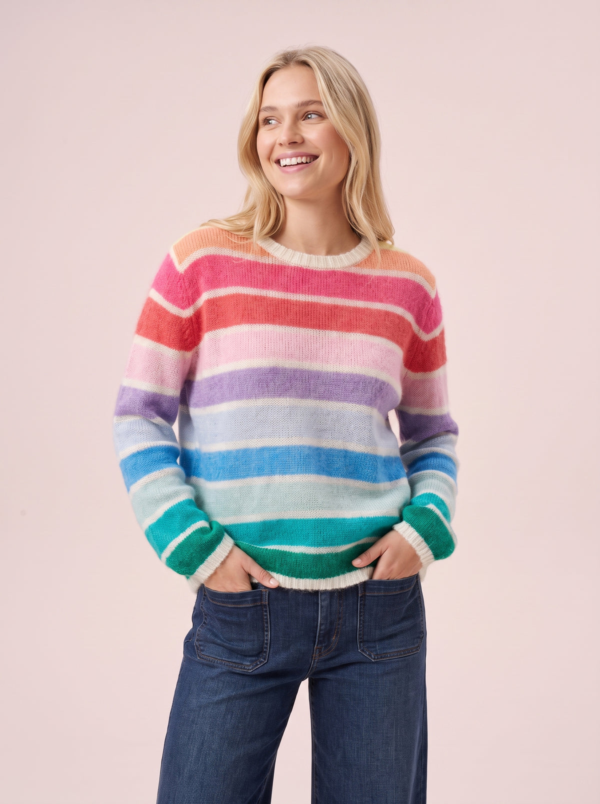 Emma Colourful Striped Mohair & Merino Knit Jumper in Multicolour Rainbow Stripe with a crew neck long sleeves and ribbed cuffs and hem