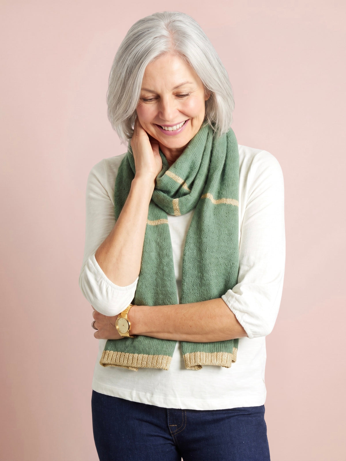 Harriet Scarf with Contrast Lurex Trim in Olive Green with fine gold lurex stripes and ribbed sparkly ends for colourful everyday layering