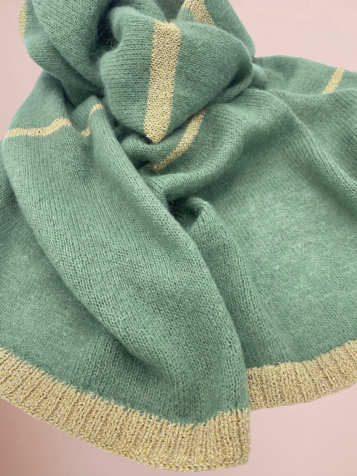 Olive green knitted scarf with gold lurex trim and subtle gold stripe details
