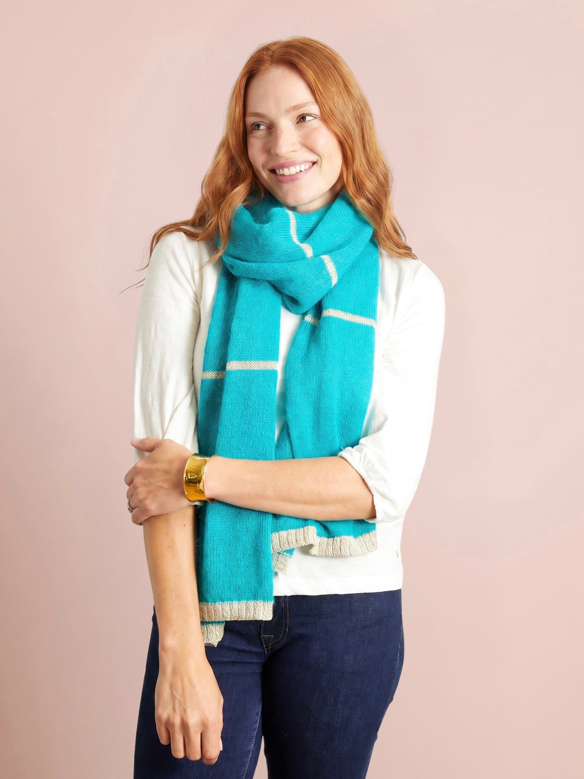 Turquoise teal knitted scarf with slim silver gold stripes and lurex trim finished with softly ribbed ends