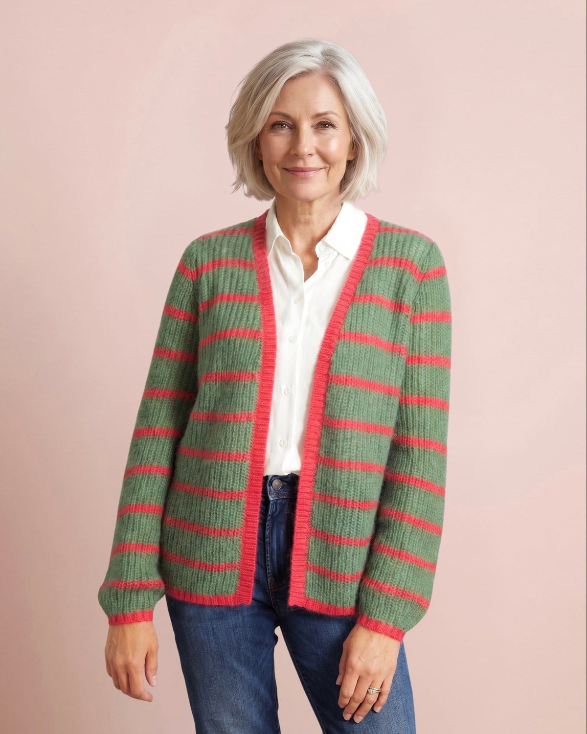Lizzy Striped Chunky Knitted Cardigan in olive green with cerise pink stripes featuring an open front and ribbed cuffs and hem for colourful layering