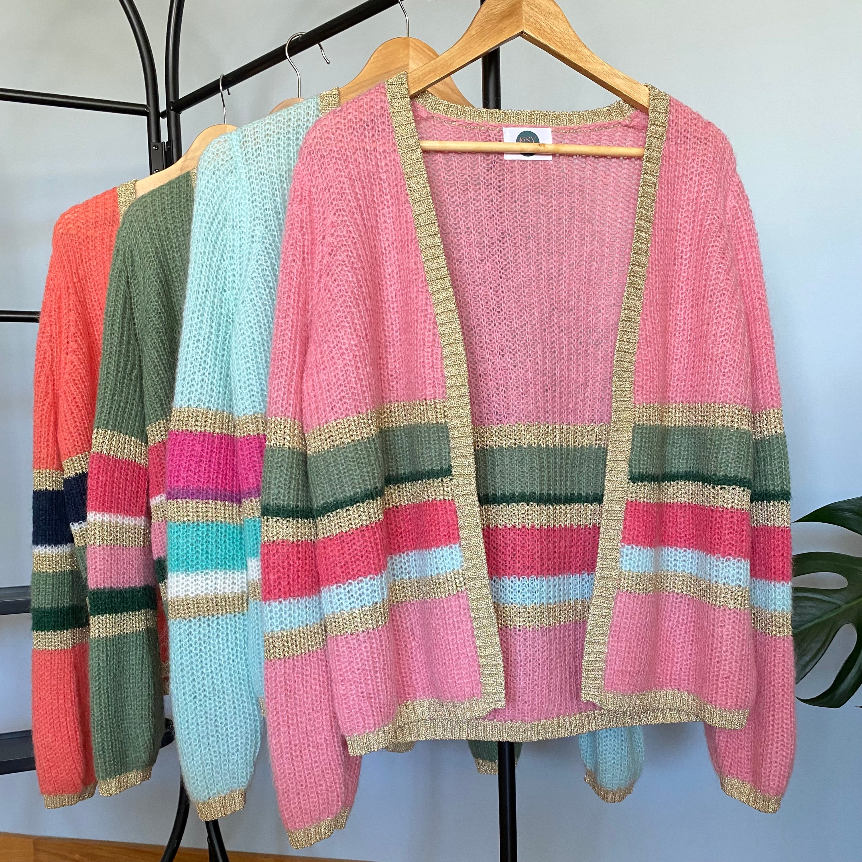 Mohair Colour Stripe Cardigan with Gold Lurex Trim Pink Green