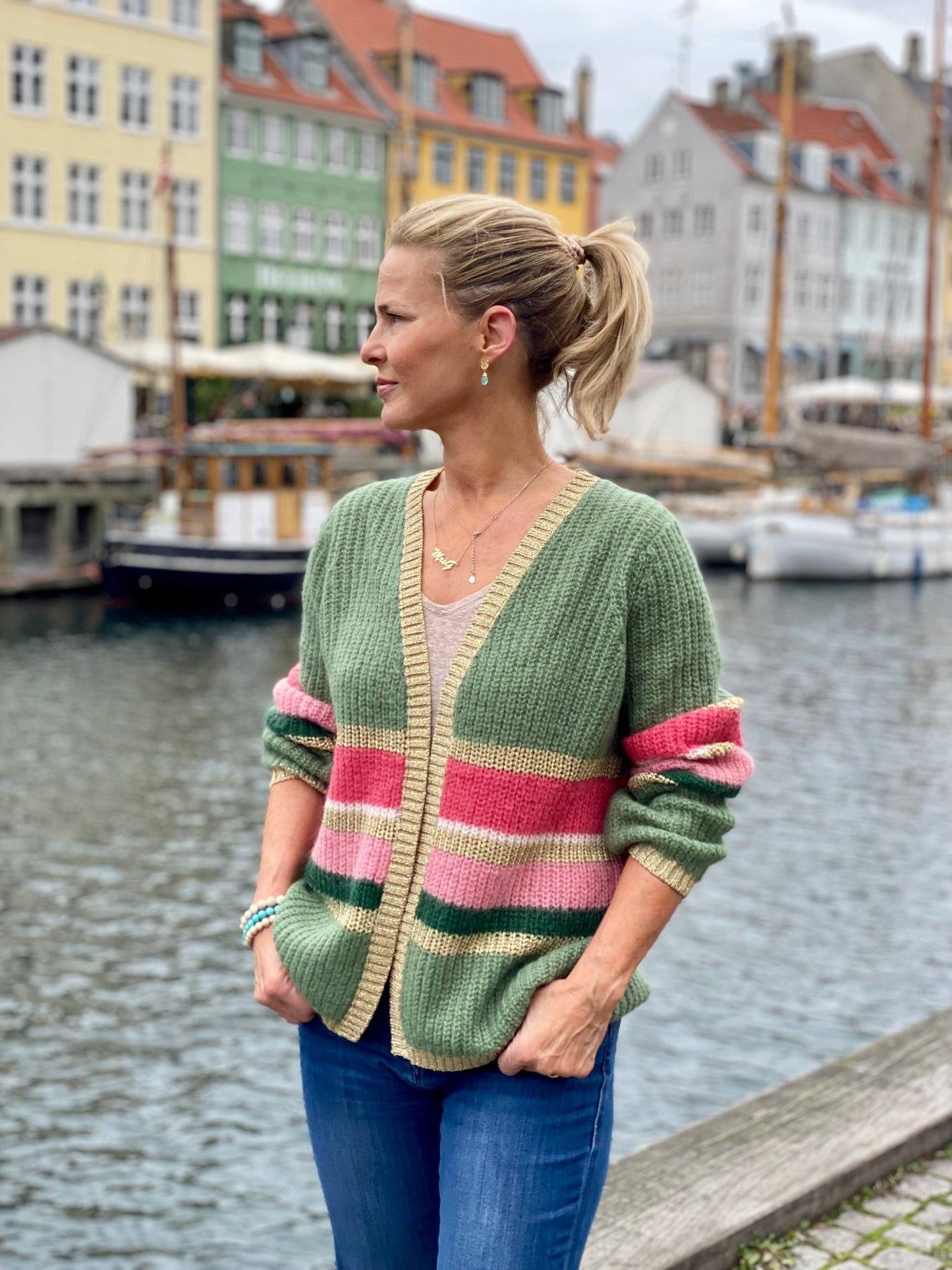 Colourful Stripe Cardigan with Gold Lurex Trim in Navy and Pinks