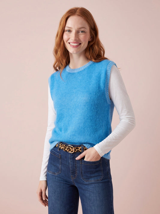 Azure Blue Molly Knitted Tank Top with Tonal Trim featuring a soft textured knit with a sleeveless fit and ribbed crew neck and hem