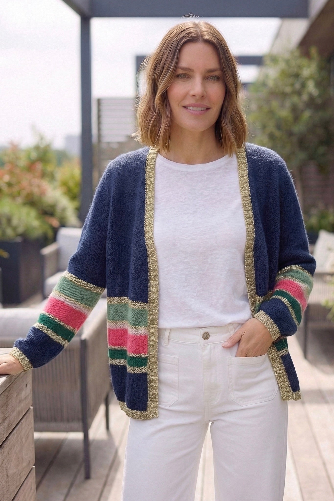 Women’s Colourful Striped Cardigan with Gold Lurex Trim - Navy