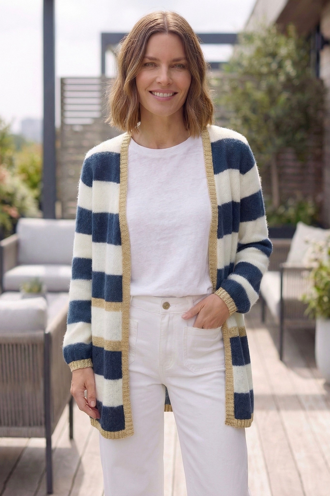 Women's Long Striped Cardigan - Navy and Ivory with Gold Lurex Trim
