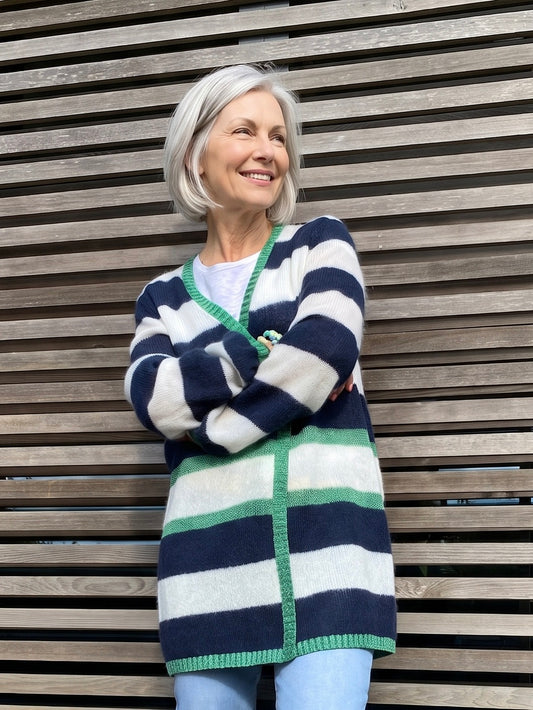 Longline fuzzy knit cardigan with wide navy and ivory white stripes plus green lurex trim along the V neck front opening cuffs hem 