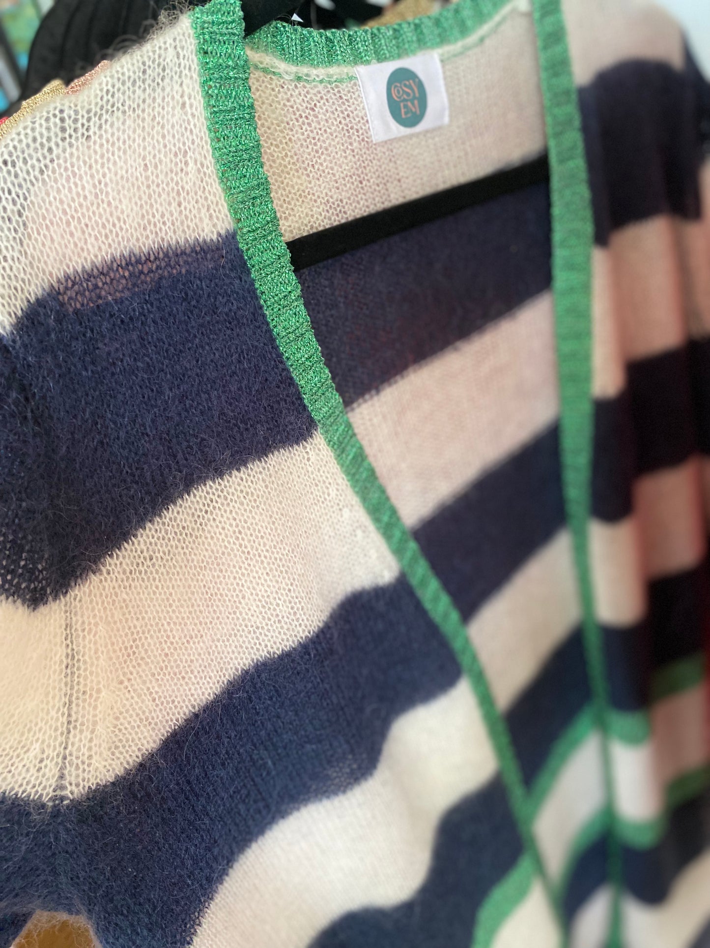 Elizabeth Long Striped Cardigan in Navy and Ivory with Emerald Lurex Trim