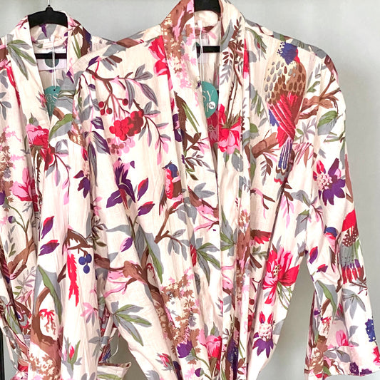 Tropical Bird Cotton Print Kimono Robe