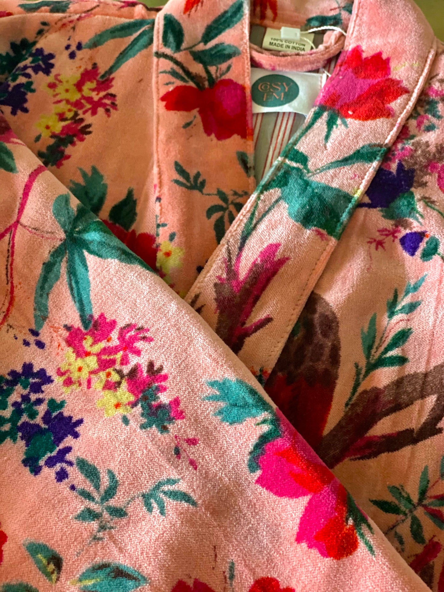 Tropical Bird Velvet Kimono Robe in Pink