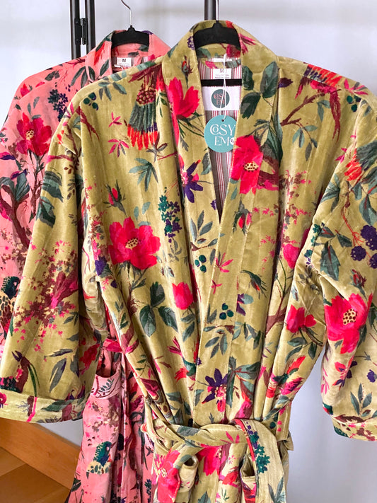 Tropical Bird Velvet Kimono Robe in Green