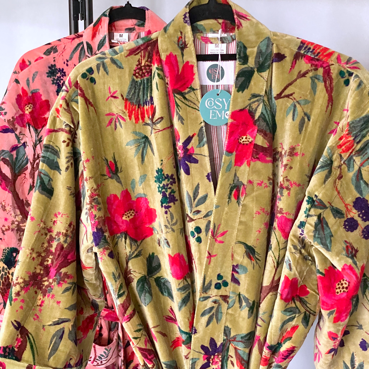 Tropical Bird Velvet Kimono Robe in Pink